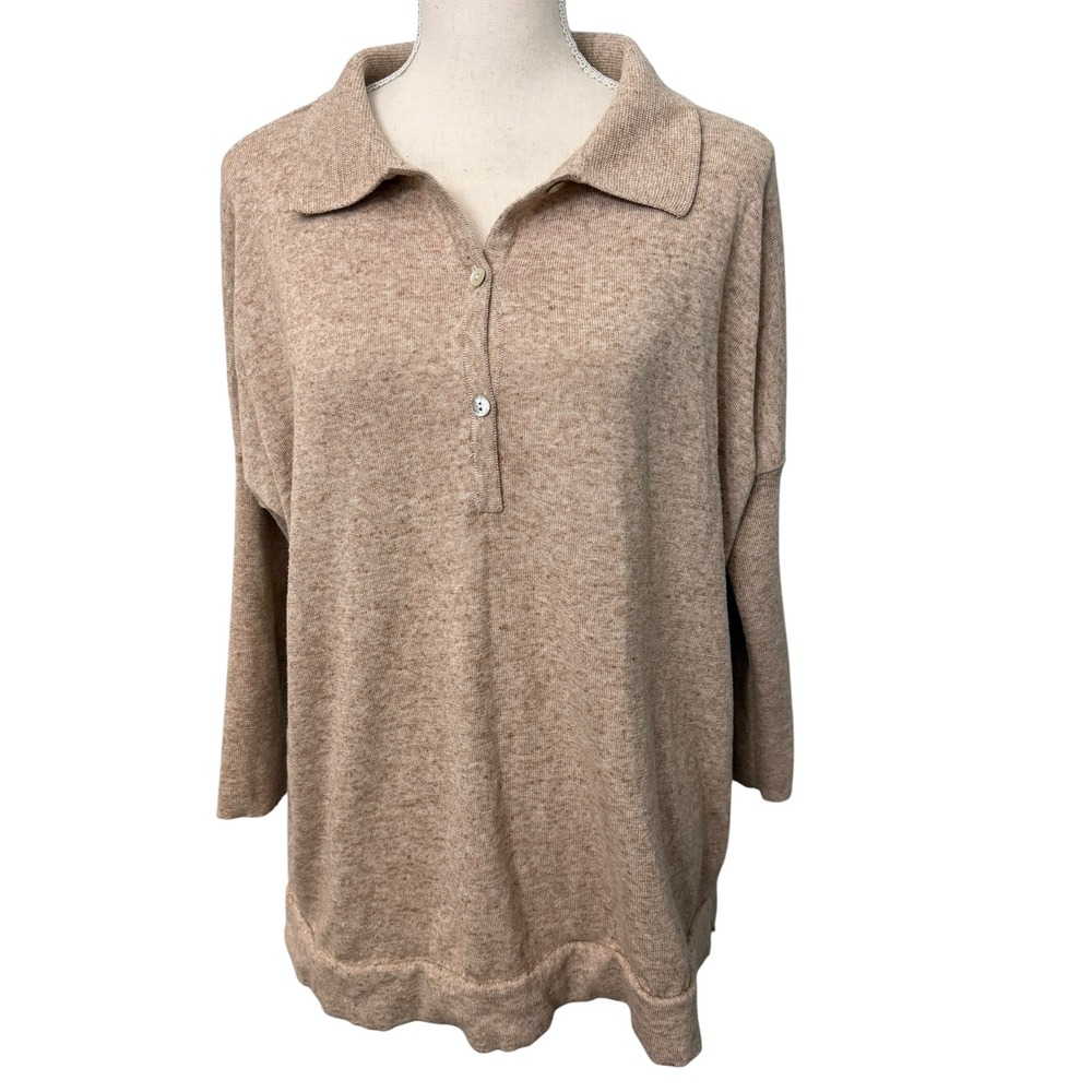 Tuckernuck Women Tan Heather Tencel Linen Blend Long Sleeve Polo Sweater M/L